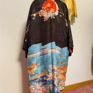 Vintage Antique 1920s Black Brown Silk Damask Robe Duster Made in Japan
